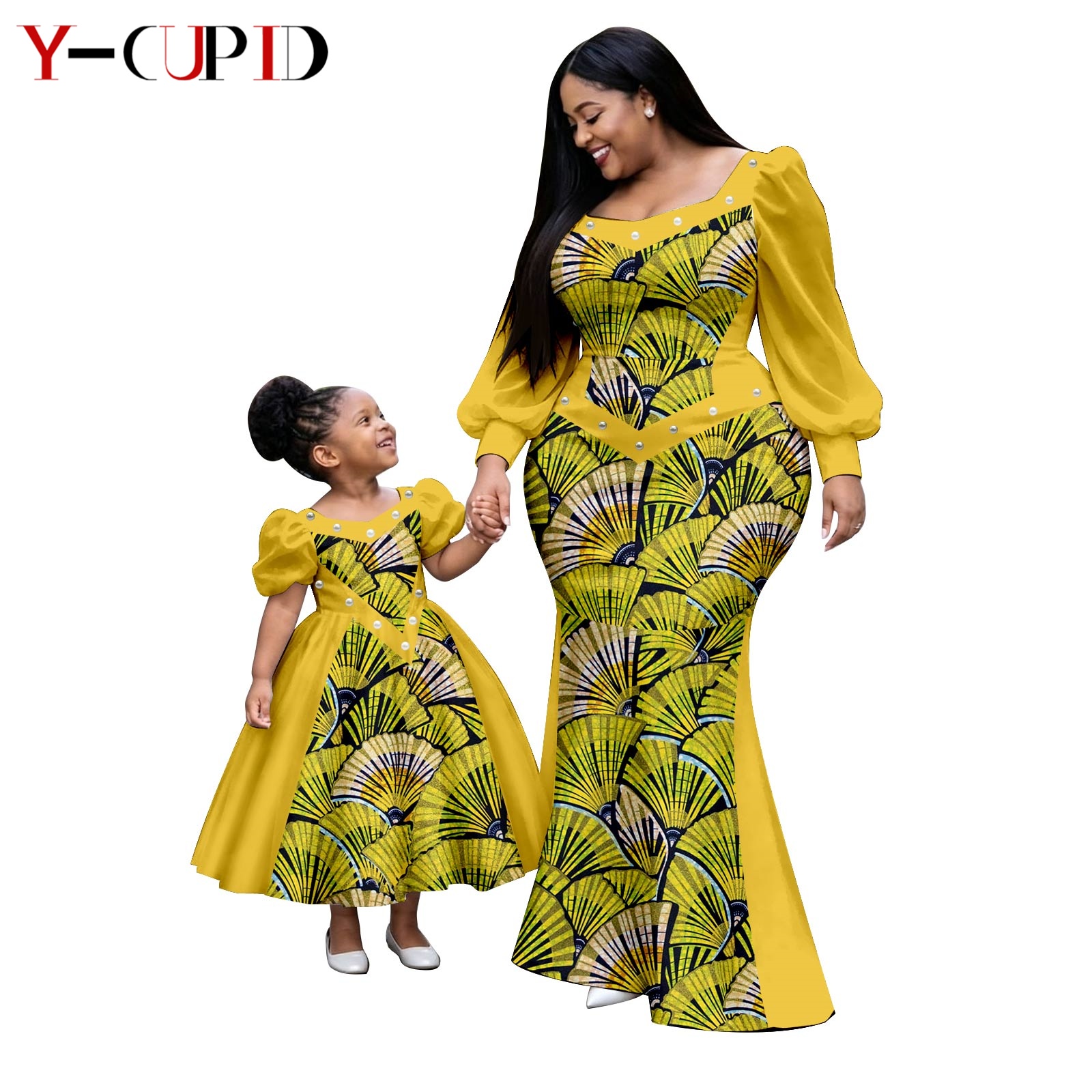 Robes tutu à manches à volants imprimées africaines pour femmes et filles, tenues Dashiki mère-fille, vêtements de famille 26F011