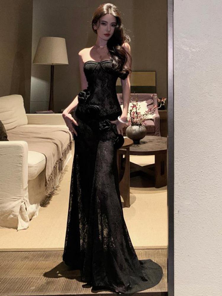 Vintage femmes noir dentelle fleur décoration Sexy Club dos nu robe sans bretelles été sans manches mince portefeuille hanche plissée longue robe