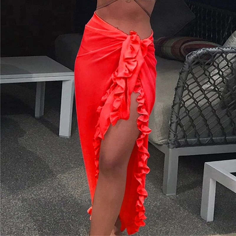 Robe de plage en mousseline de soie pour femmes, transparente, écharpe ronde, Industries ong, couleur unie, à volants, décontractée