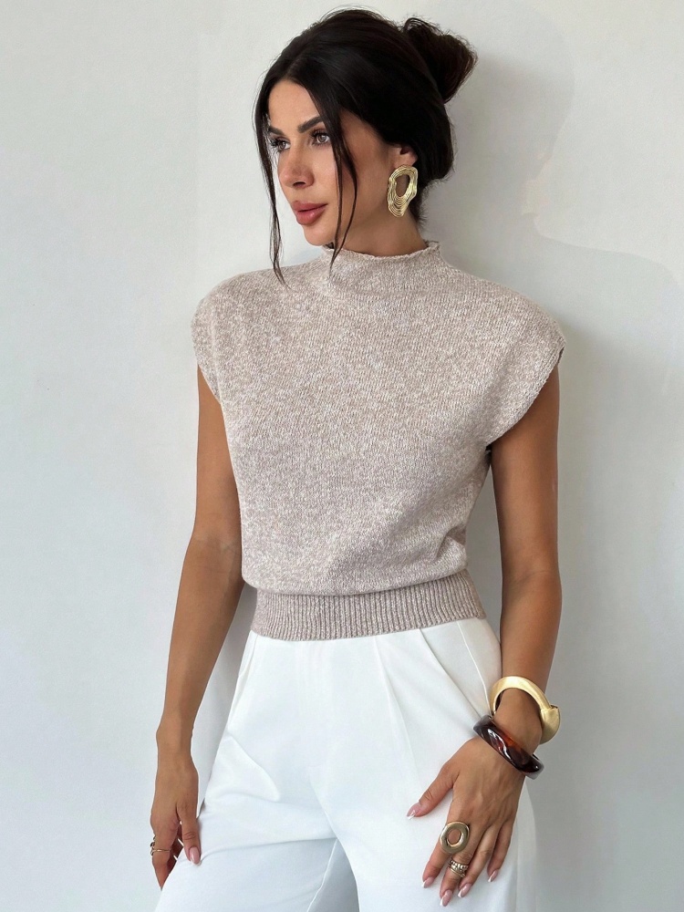 Pull en maille à col montant et manches courtes pour femme – Printemps, été, automne – Élégant, décontracté, coupe ajustée – Idéal pour le bureau, les trajets quotidiens et le streetwear
