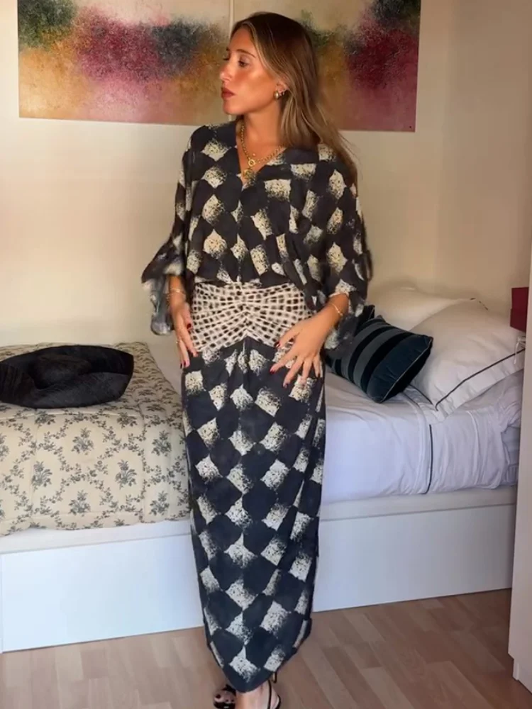 Robe longue élégante à imprimé écossais pour femme, col en V, manches chauve-souris, taille cintrée, collection Printemps-Été 2026, tenue décontractée pour les vacances