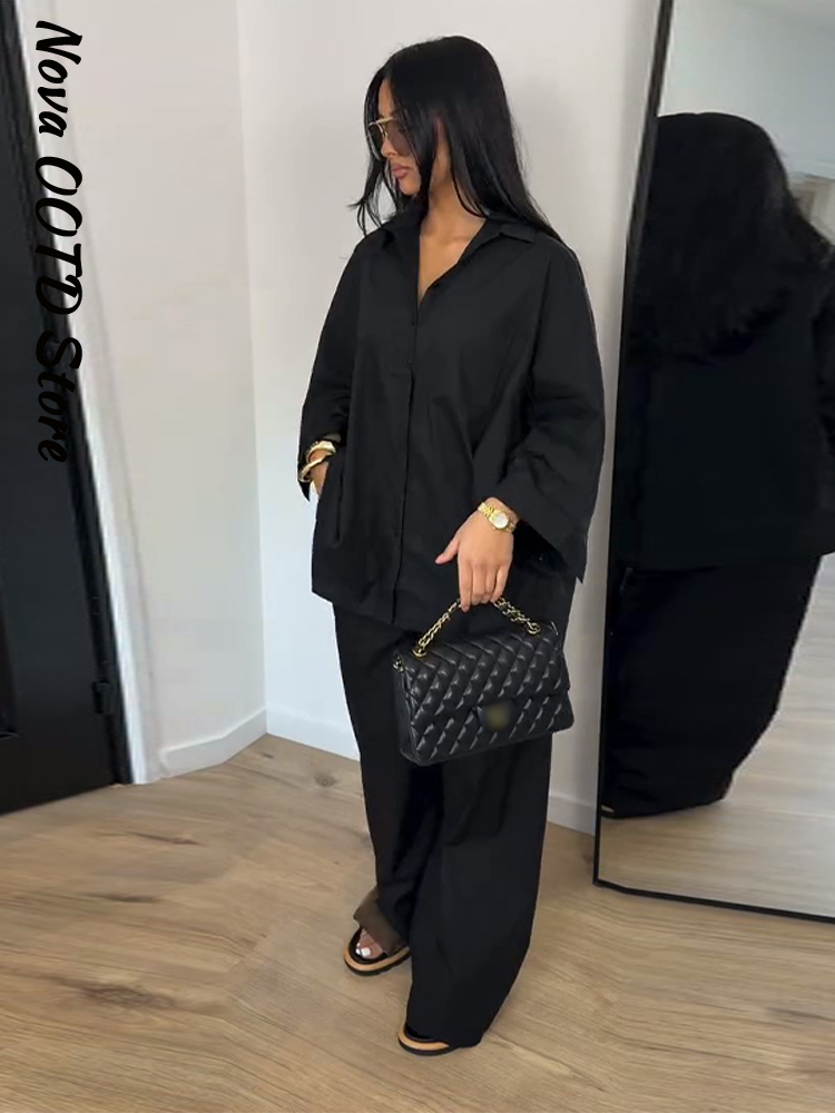 Ensemble chemise et pantalon amples pour femme, col à revers uni, simple boutonnage, manches longues, hauts amples, pantalon large, 2 pièces, tenue printemps 2026