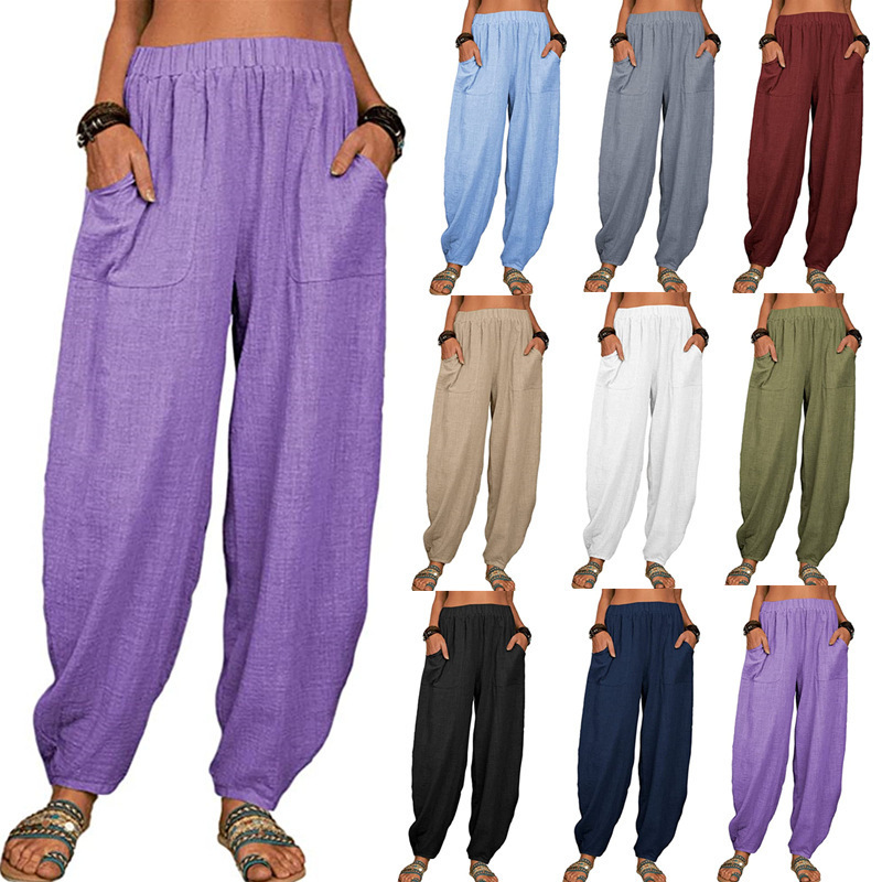 Décontracté femmes sarouel été femme coton lin ample jambe large pantalons longs Homewear LRFZ-922