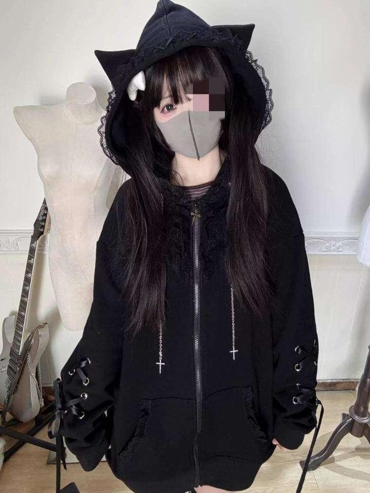 Sweat à capuche ample en dentelle noire pour femme, sous-culture gothique, esthétique, joli manteau à capuche à manches longues, décontracté, chaud, pardessus d'hiver, automne