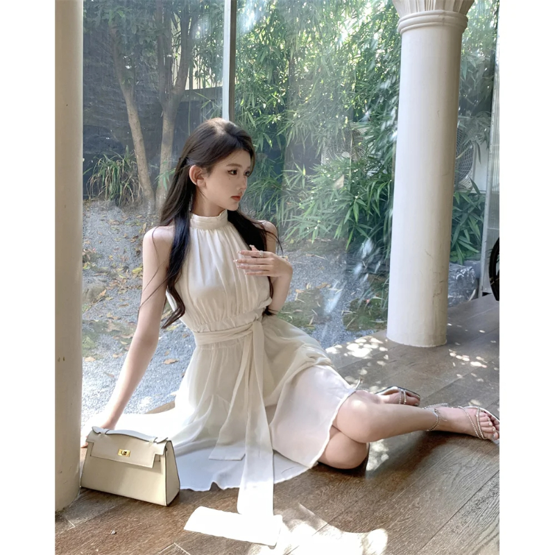 Robe trapèze en mousseline de soie blanche pour femme, robe courte, taille haute, style de vacances, ruban éducatif, niche d'été