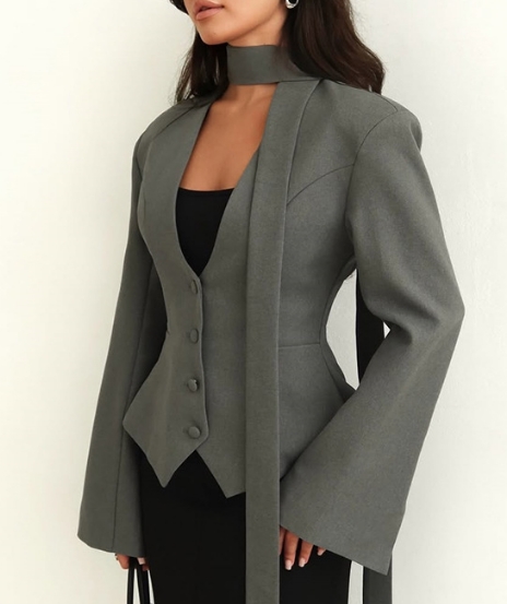 Veste femme 2025 printemps nouvelle mode couleur unie col en v écharpe décor tempérament élégant à manches longues jolie pochette