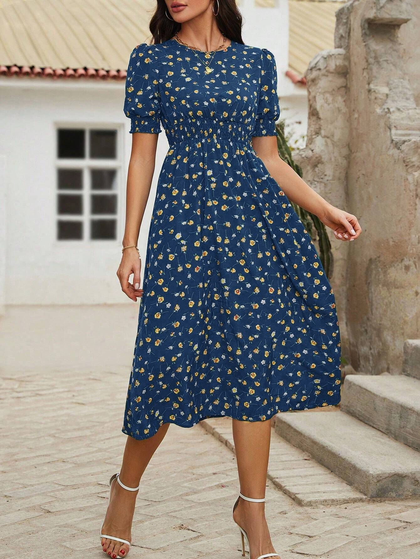 Robe à manches bouffantes à imprimé floral pour femmes, col rond, design à nouer à la taille, style bohème, tissu tissé, portable toute l'année
