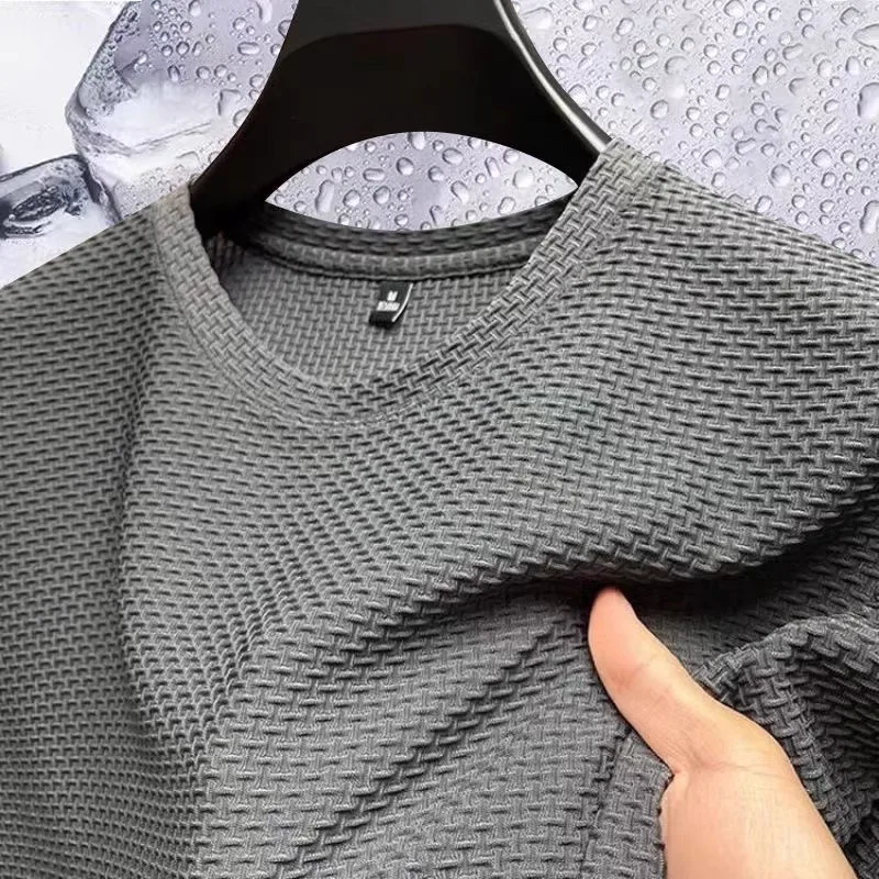 Été glace soie haut de gamme couleur unie haute qualité à manches courtes t-shirts hommes respirant mode T-Shirt mâle marque vêtements 5XL
