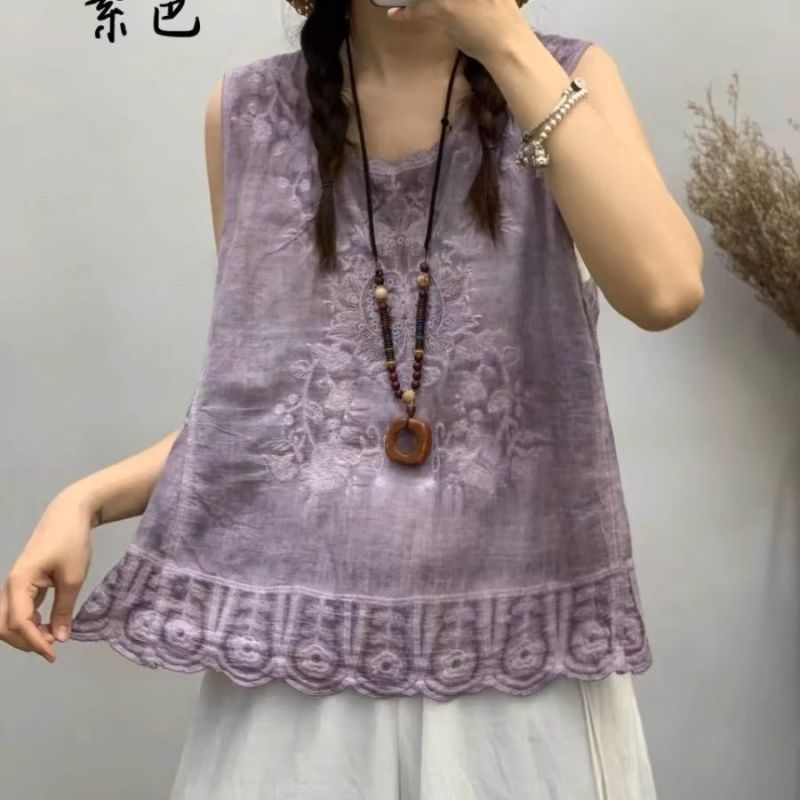 Vêtements Vintage en Dentelle Brodée pour Femme, Coton Solide, Précieux, Décontracté, Col Rond, Fin, Glace de Plage, Été, 2024