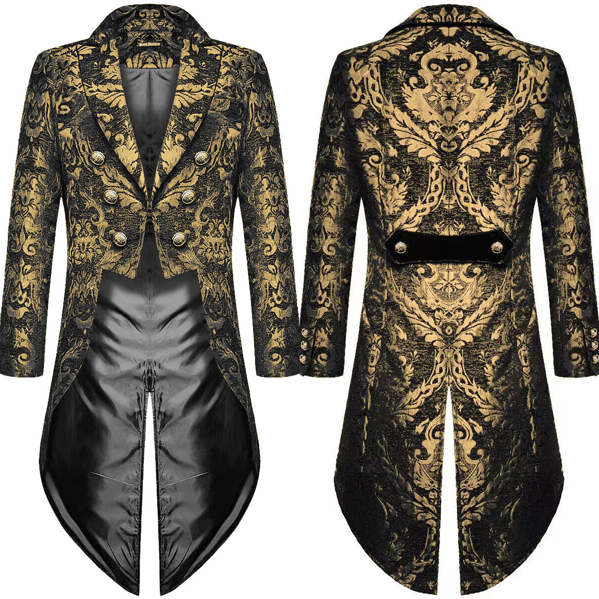 À la mode noir or couleurs mi-long hommes gothique Steampunk Style Tailcoat veste tissé brocart mariage Style gothique manteaux