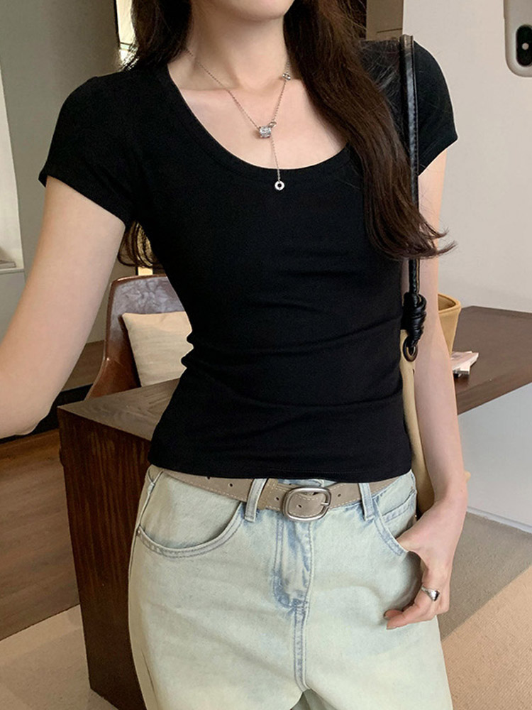 2025 été décontracté coton t-shirt pour femmes à manches courtes t-shirts mode femmes vêtements mince basique col rond Y2K t-shirt Femme