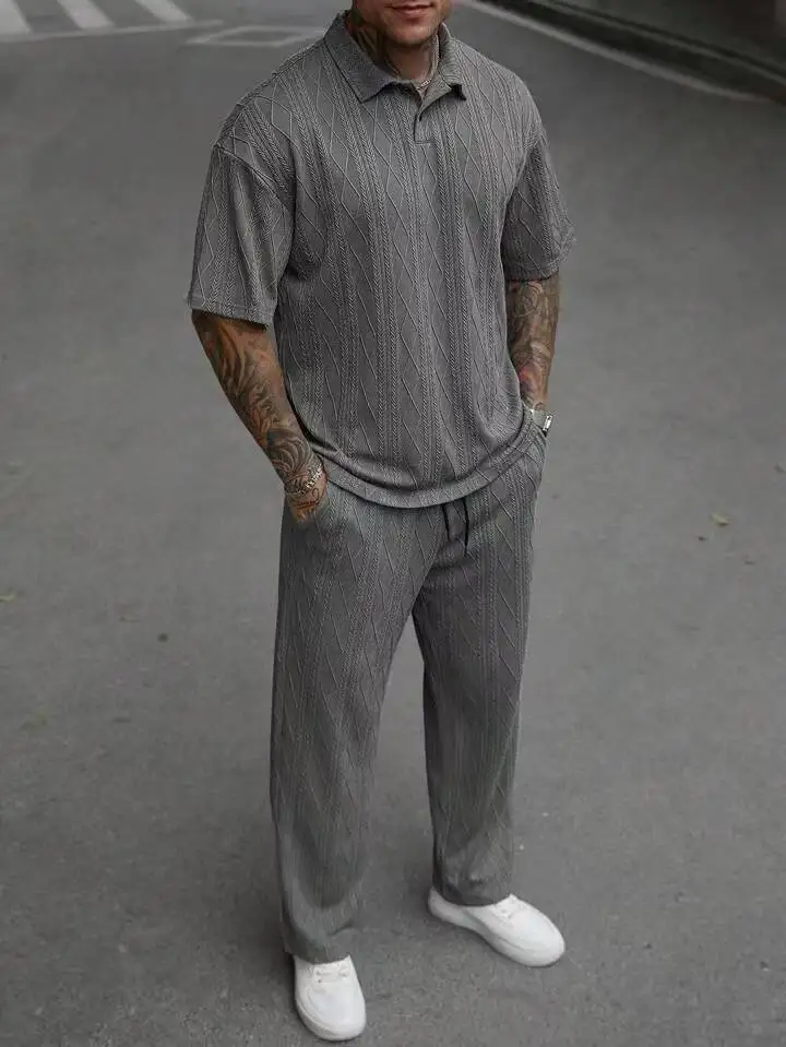 Ensemble 2 pièces tricoté pour hommes, nouvelle mode décontractée, tendance, couleur unie, manches courtes, col rabattu, T-shirts, pantalon droit ample