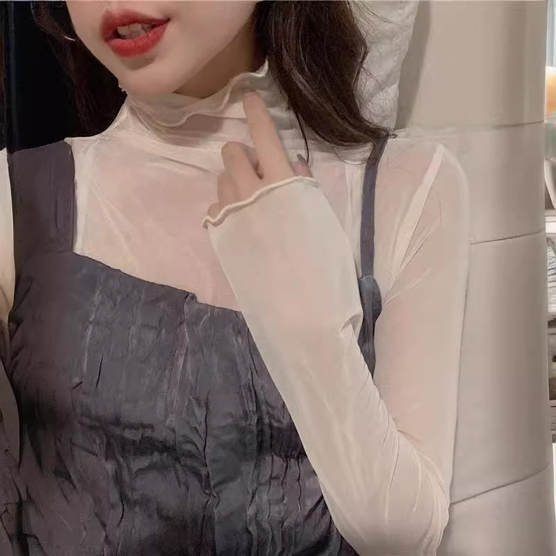 Chemise à Base en maille et dentelle pour femmes, manches longues, col haut, Protection solaire, vêtements intérieurs, couleur Pure, superposition supérieure à la mode