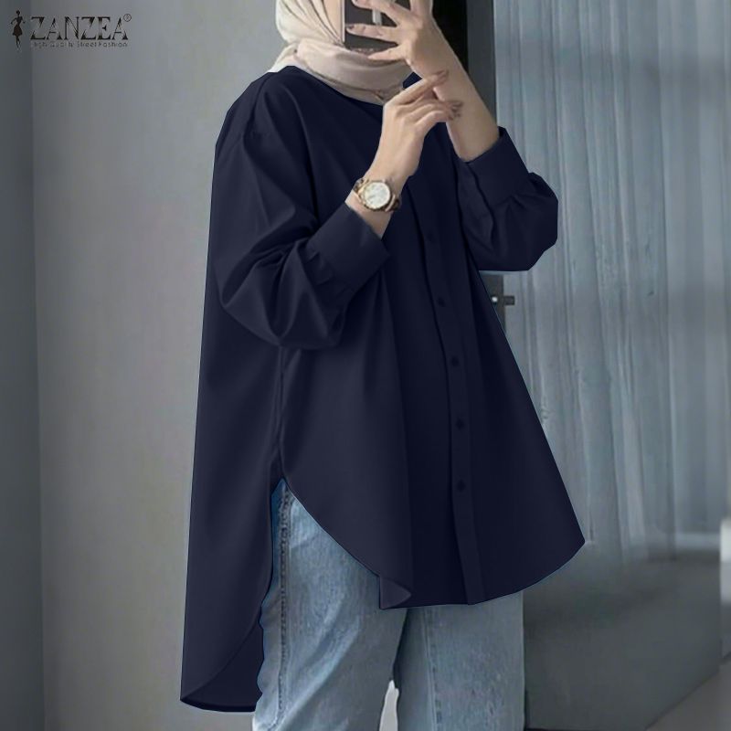 Mode femmes chemise 2026 ZANZEA chemisier musulman automne printemps revers cou à manches longues hauts solide haut bas travail chemise Mujer surdimensionné