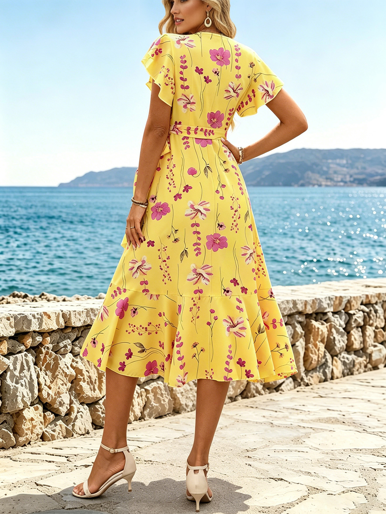 Robe midi portefeuille pour femme à imprimé floral, manches courtes à volants, taille à nouer, fente haute, fluide, pour l'été et la plage