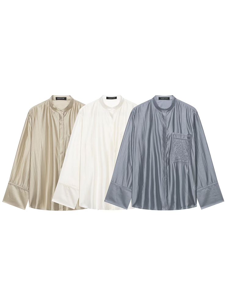 Chemisier Élégant en Satin Brodé pour Femme HH – Collection Été 2026 – Col Montant, Manches Longues, Poches Brodéées – Blouse Chic et Légère pour le Quotidien