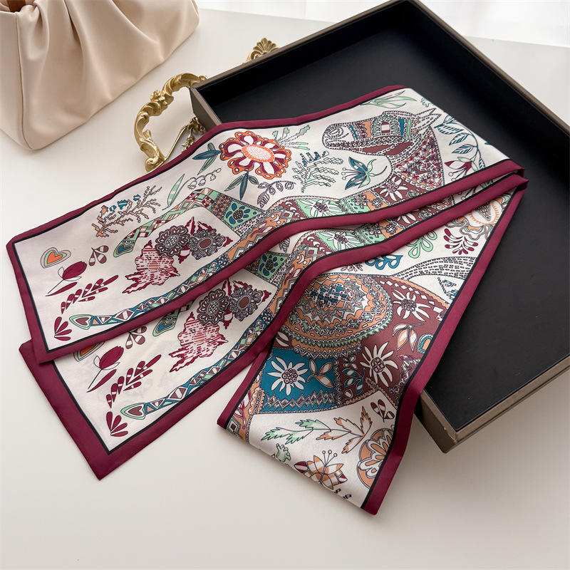 Écharpe luxueuse à double couche avec pompons, décoration à nouer, cravate assortie, petit bandeau, foulard en soie, imprimé pour femme