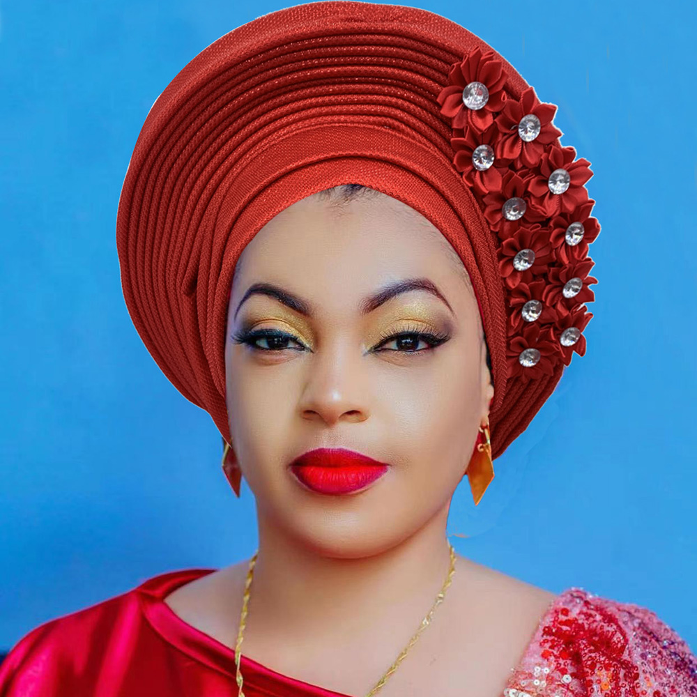 Turban africain pour femmes, couvre-chef nigérian avec fleurs, déjà fabriqué, Auto Gele, pour fête de mariage, nouvelle collection