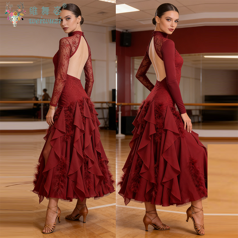 Robe de danse moderne à manches en dentelle, robes de compétition de danse de salon pour femmes, jupe à grand balançoire pour la danse de valse, costumes de performance standard