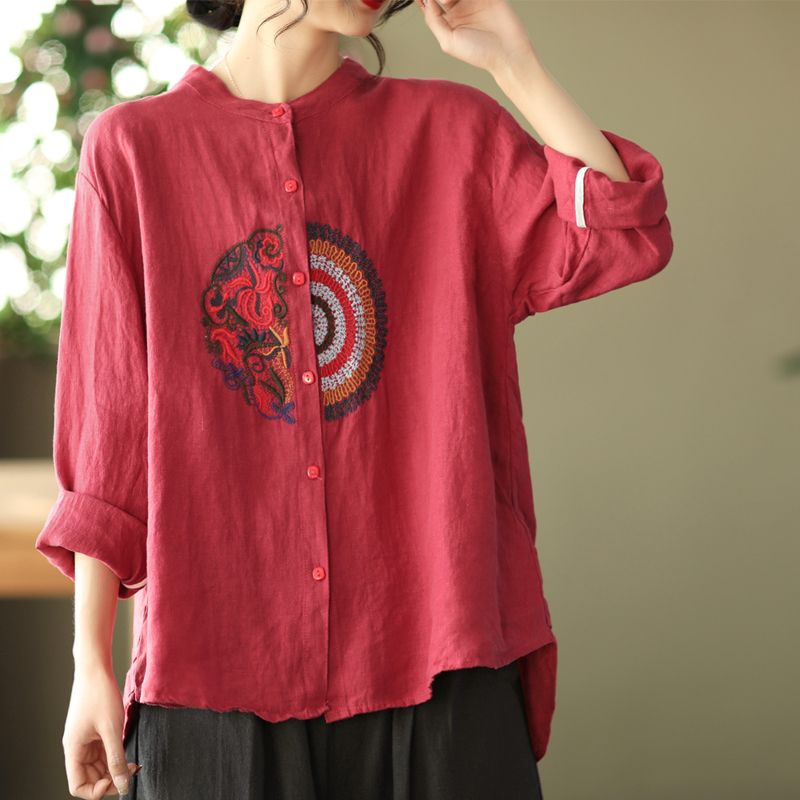 Chemises en lin de coton irrégulières brodées de style ethnique vintage pour femmes, mode à manches longues, chemisiers adt élégants pour dames, Y-Blusa