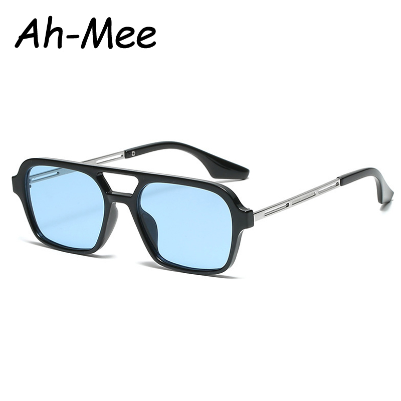 Lunettes de soleil carrées Punk pour femmes et hommes, petite monture jaune, rétro, Double faisceau, en métal, UV400