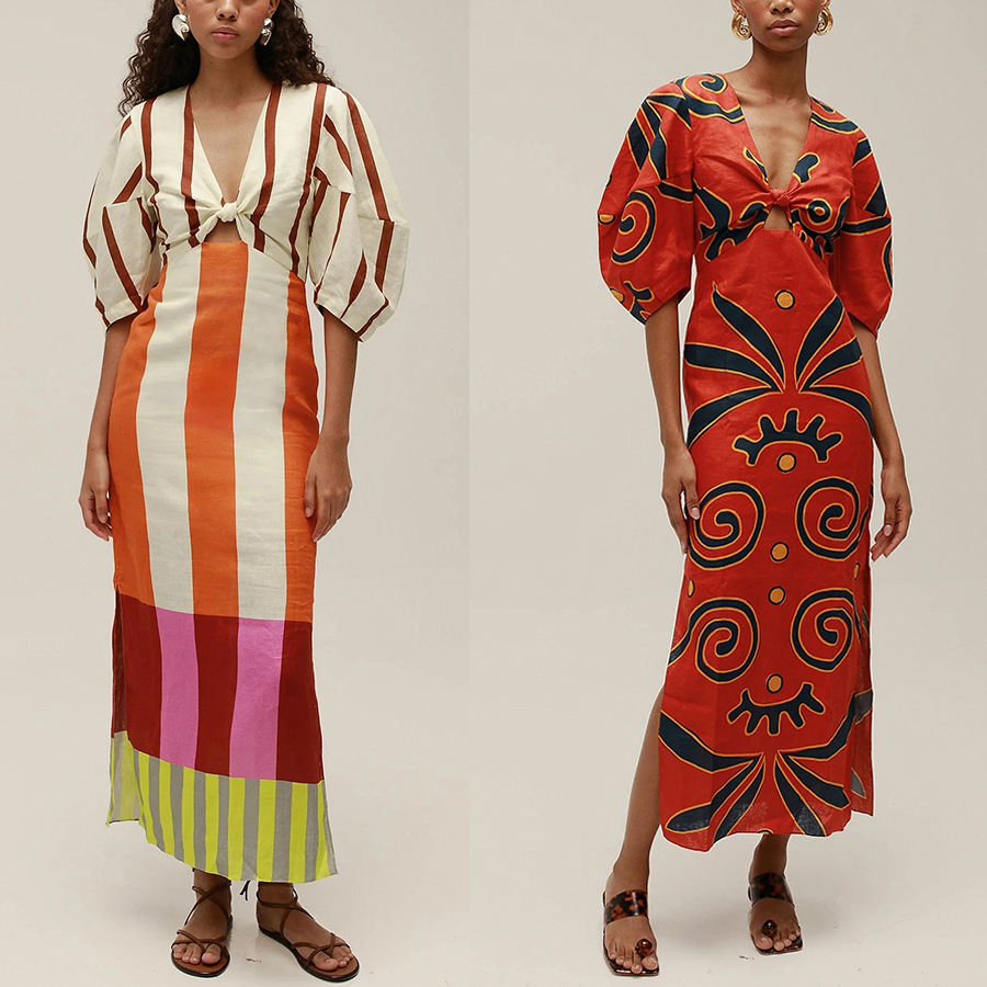 Robe longue d'été VEITCHE pour femme en lin, imprimé chic, sexy, col en V, échancrée, taille haute, pour soirée