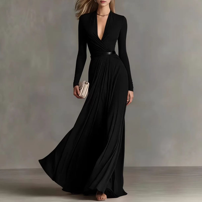 Robes pour femme, robe maxi sexy à col en V profond, taille haute, manches longues, robe élégante unie et fluide, robes de soirée, robe bohème d'été, Mujer