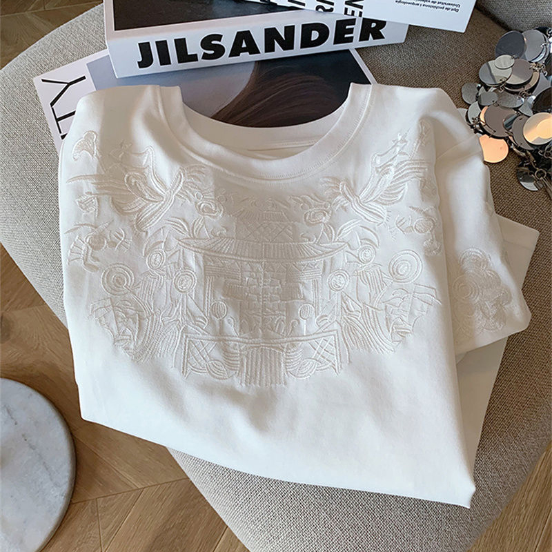 T-shirt à manches courtes en coton blanc brodé pour femmes, simple, décontracté, col rond, mode vintage, vêtements pour femmes, basique, été, Y-adt