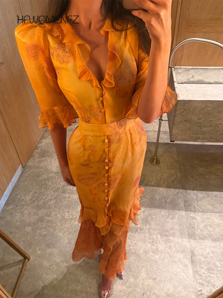 Robe décontractée imprimée pour femme, coupe ajustée, manches mi-longues, col en V, taille cintrée, avec volants, collection Printemps-Été 2026