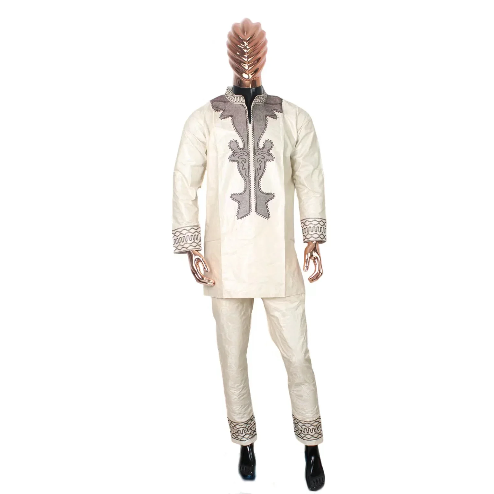 Robe africaine en bazin riche pour hommes et femmes, haut avec pantalon, motif de broderie