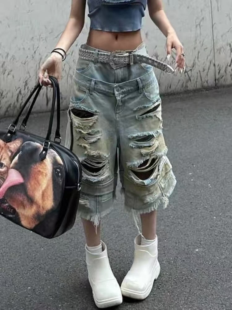 Femmes Y2k Jean déchiré Harajuku Wasteland Style Baggy Denim pantalon Vintage petit ami surdimensionné Jean pantalon japonais années 2000 vêtements
