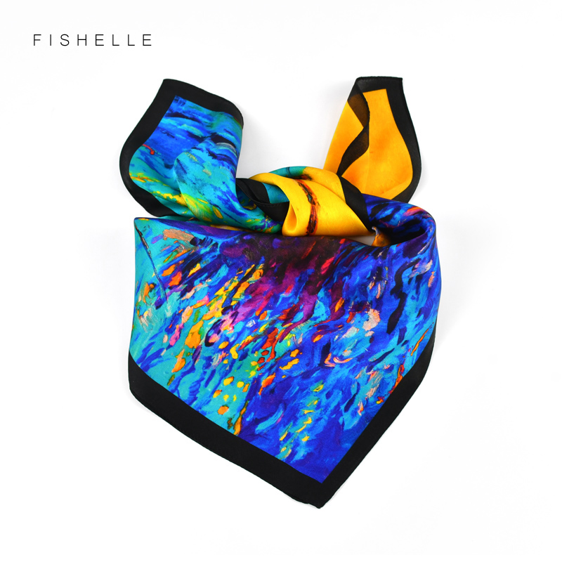 Foulards en soie naturelle pour femmes, peinture à l'huile, bleu et jaune, satin de soie véritable, petit carré de 50cm, écharpe fine, hijab pour dames, printemps