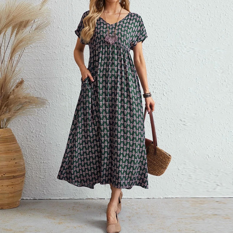 Robe grande taille pour femmes, robe bohème imprimée à manches courtes et col en v, robe longue ample et élégante à taille élastique avec poches