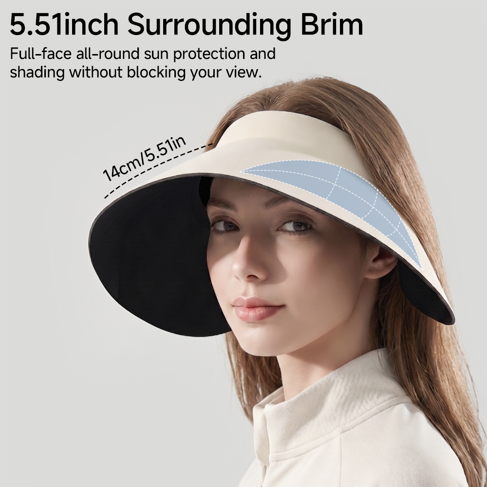 Chapeau de soleil pour femme avec protection UV, visière monobloc sans couture, large bord pour une protection complète, casquette de soleil à dessus creux