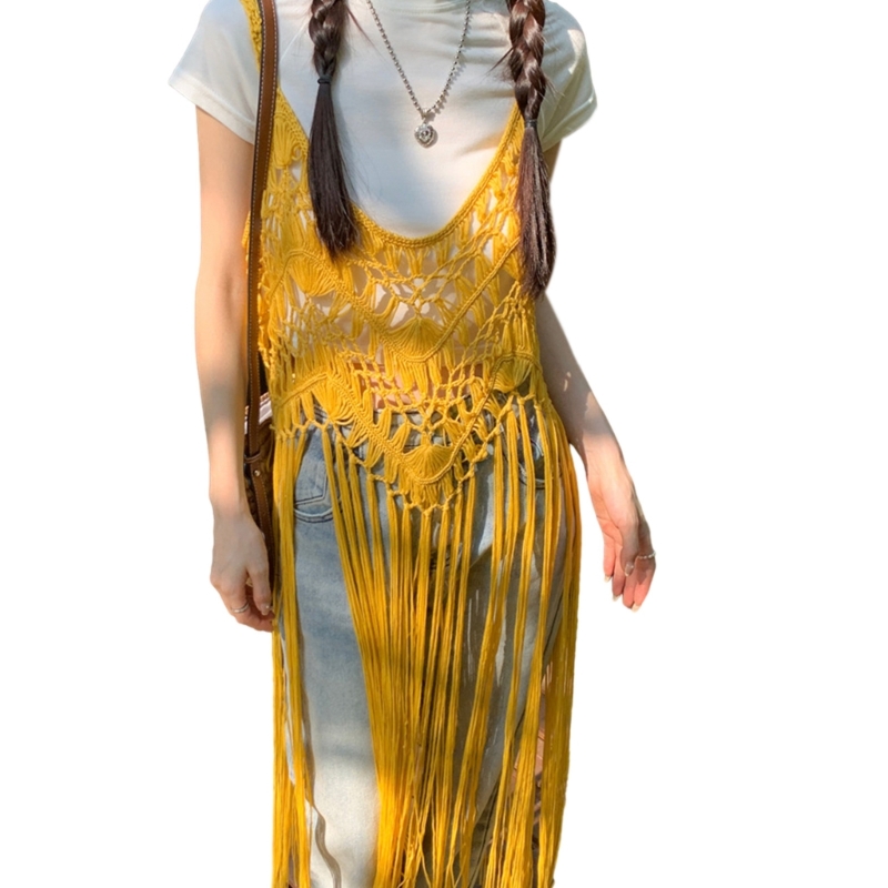 Femmes longue frange glands débardeur évider Crochet tricot sans manches fluide T-Shirt longue robe plage couvrir 066C