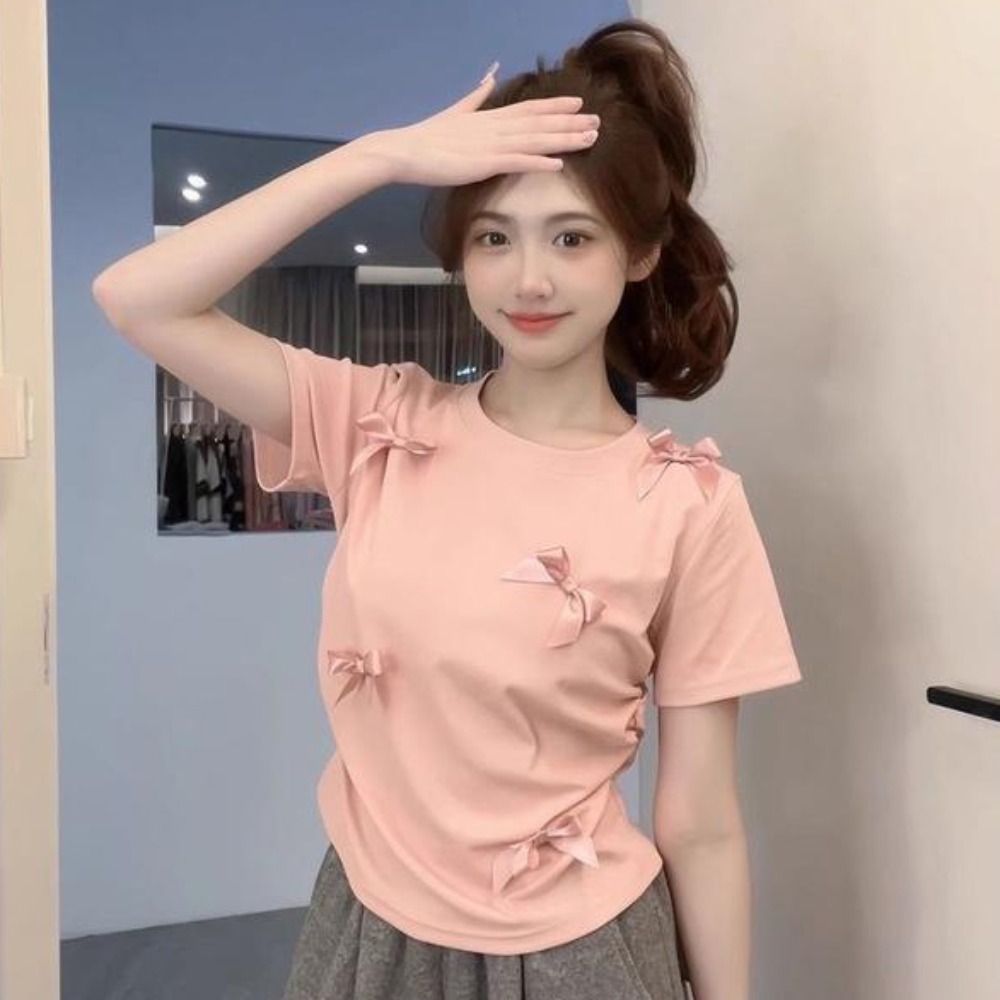 T-shirt à Manches Courtes et Col Rond pour Femme et Fille, Vêtement Élégant, de Style Japonais, Solide, avec Ruban, Crop Précieux