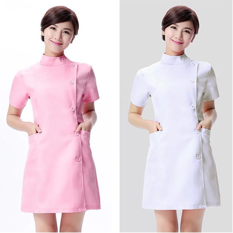 Uniforme de beauté rose avec belle robe, vêtements de travail de salon, uniformes de spa, manteau de gIslande, robe blanche de spa, vêtements expérimentaux