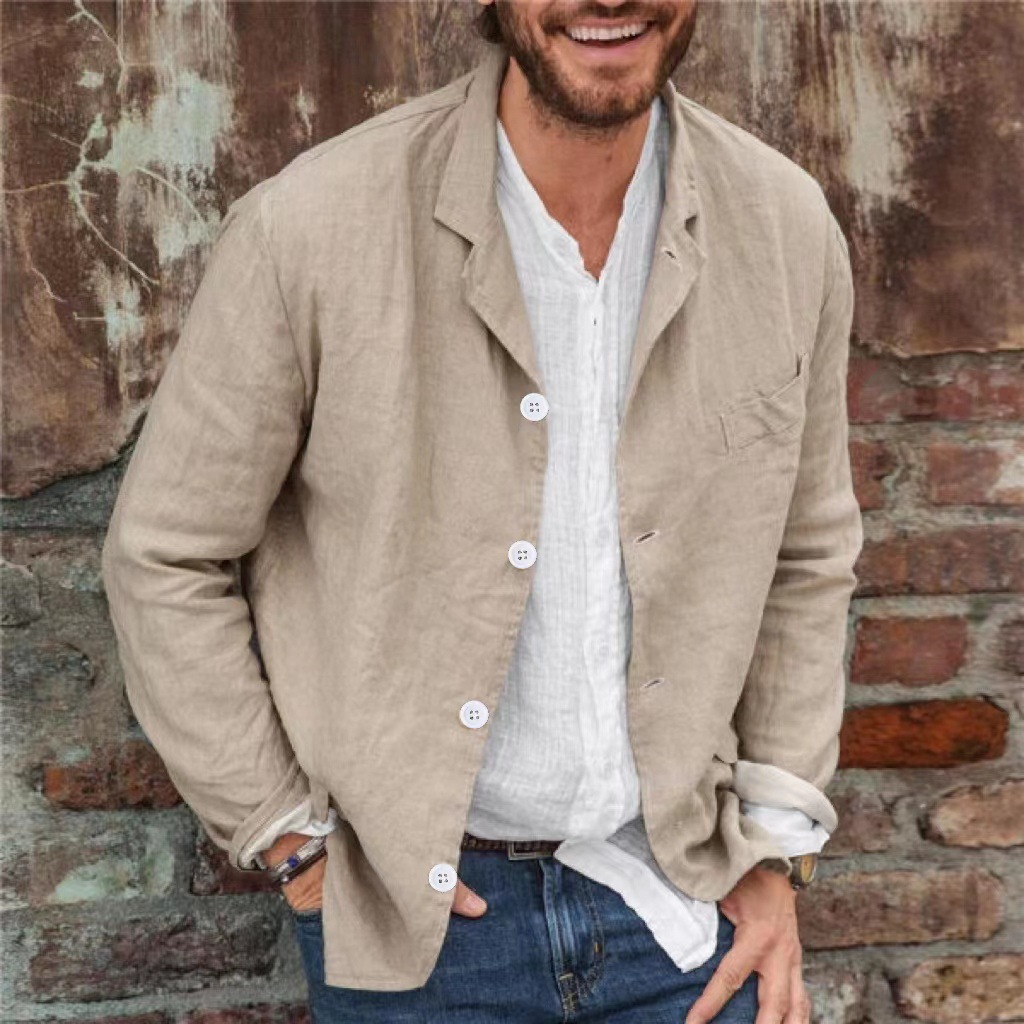Veste en lin de coton pour hommes, cardigan de plage extrêmement fin, chemise à revers, manteau décontracté, vêtements d'été monochromes