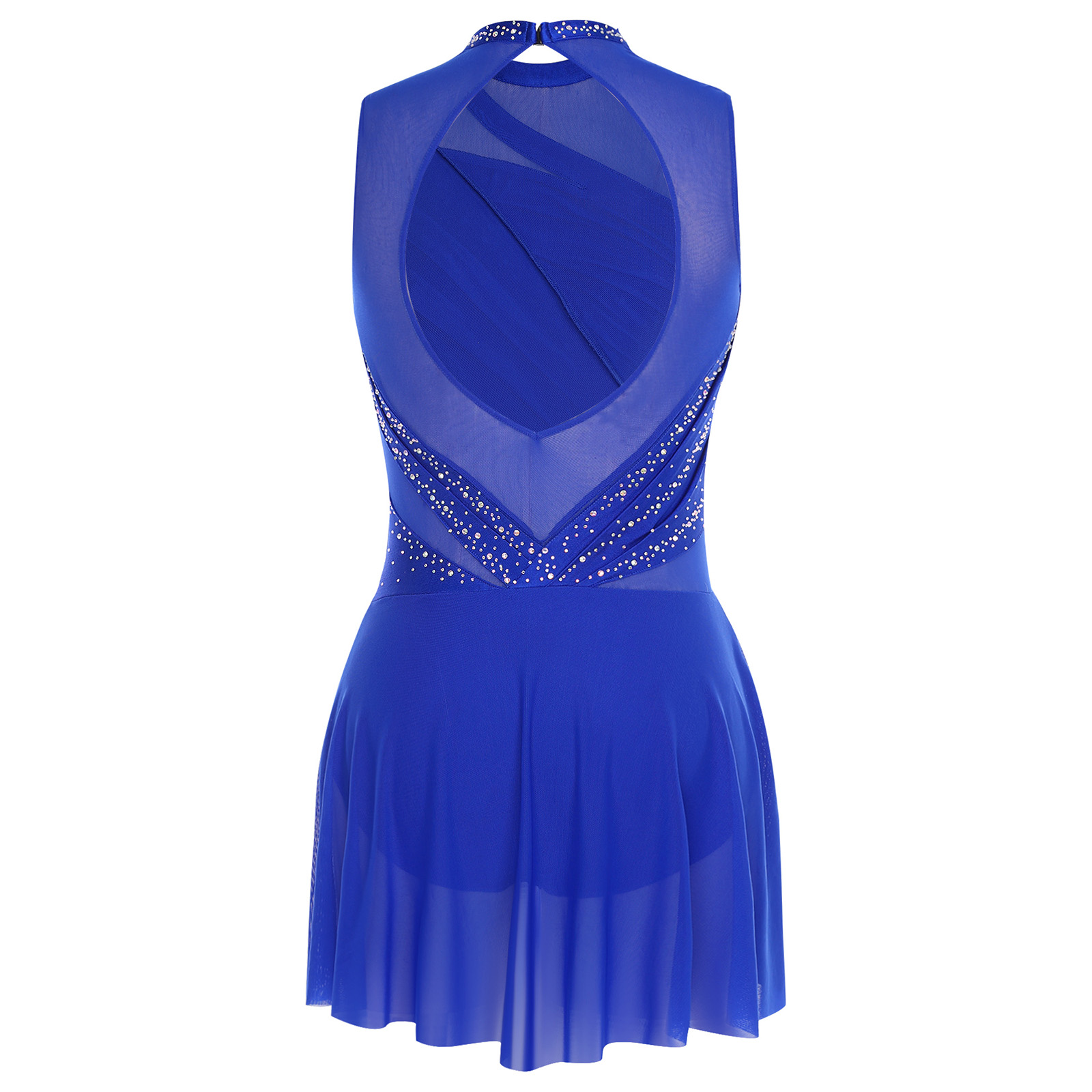 Robe de danse lyrique de ballet pour femmes, col rond, sans manches, froncée, strass, dos nu, pour compétition de spectacle sur scène