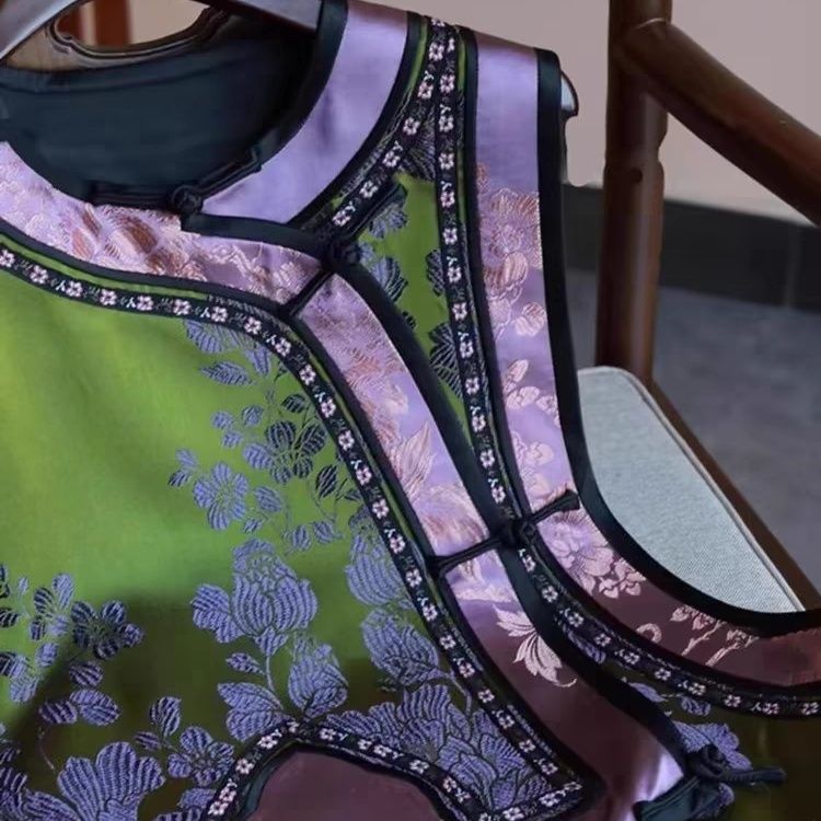 2025 printemps été femmes Vintage imprimé motif Floral vert Imitation soie gilet manteau, femme décontracté chinois Tang gilets manteaux