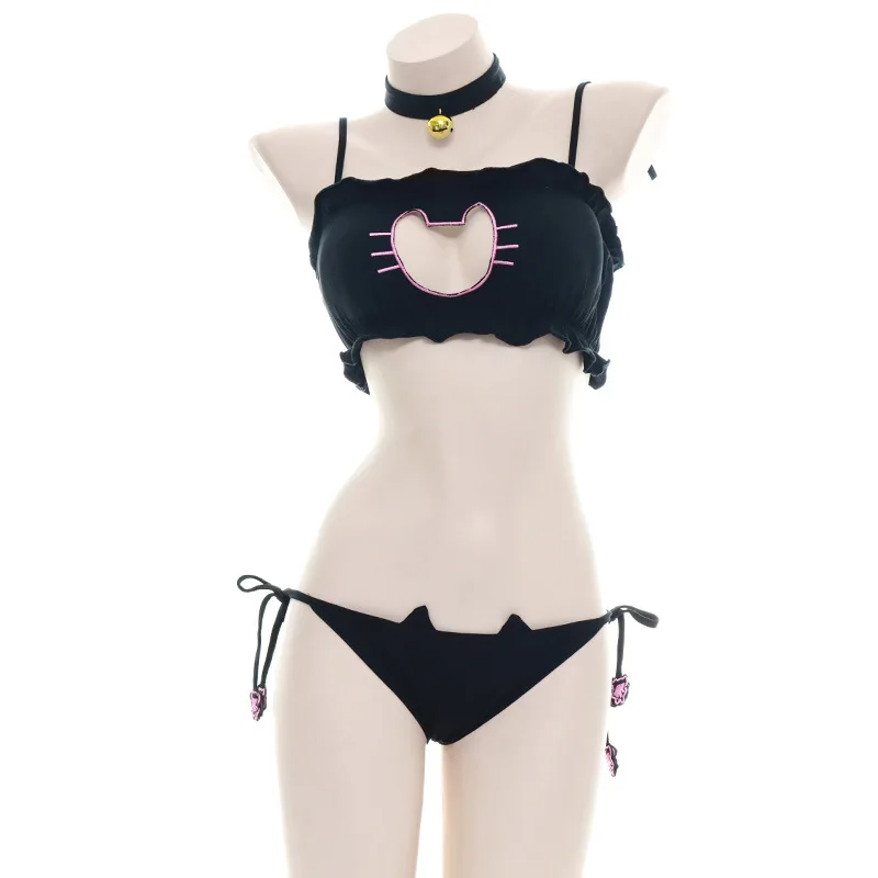 Maillot de bain patte de chat mignon pour filles, costume de plage, mini jolis chats, cloche, uniforme de cosplay, soutien-gorge creux
