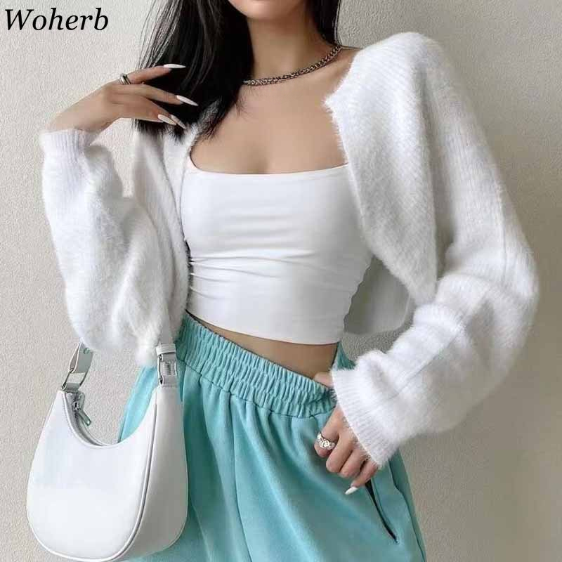 Cardigan court à col rond pour femmes, tunique à manches longues, pulls côtelés solides, vestes à la mode, vêtements coréens Sucirculation Mujer