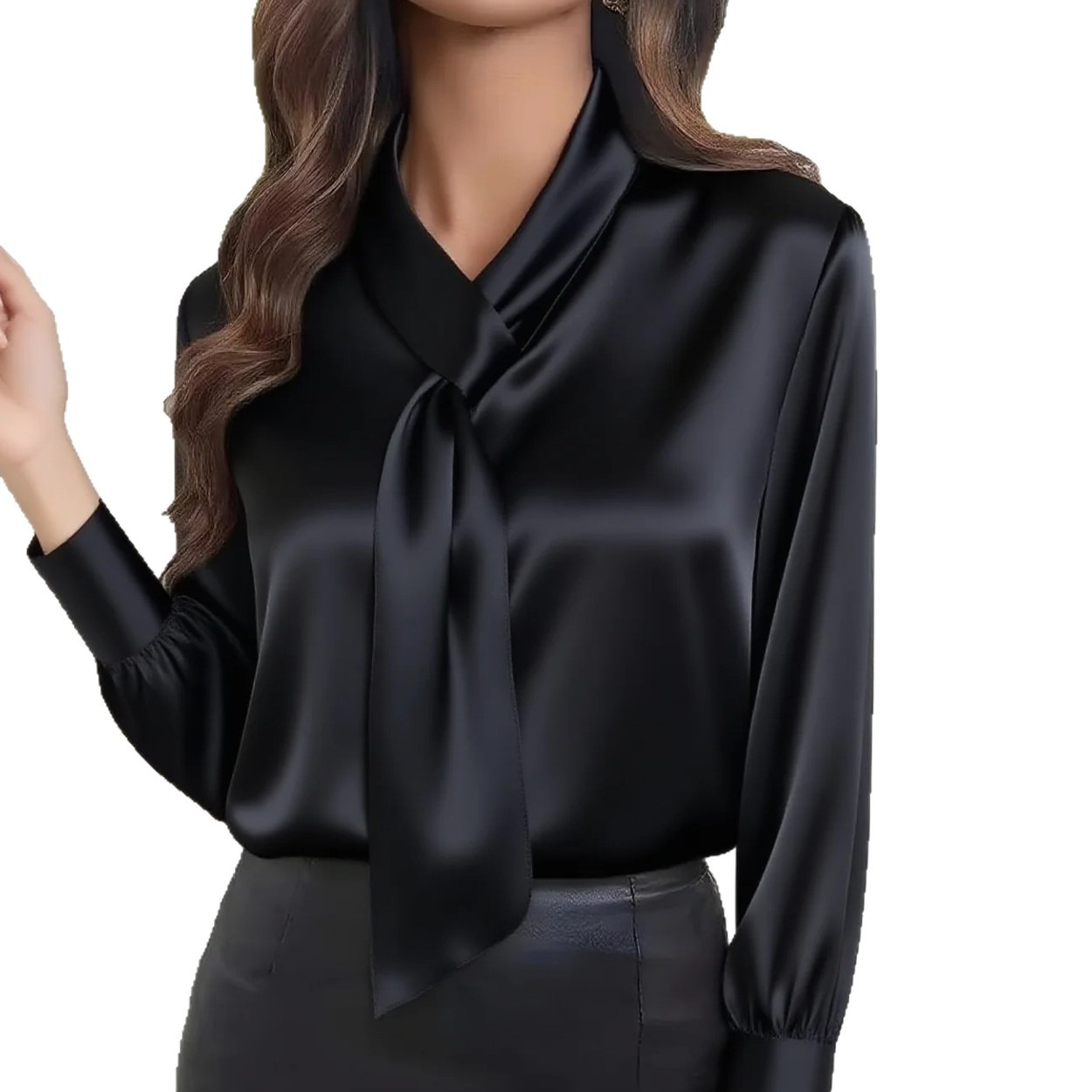 Chemise à manches longues en satin pour femmes, col à nouer, élégante, chemise de bureau pour le travail décontracté, les déplacements professionnels et le port quotidien