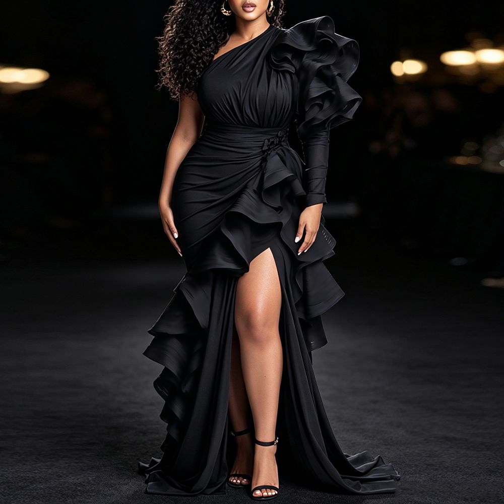 Robe de soirée maxi grande taille à une épaule pour femme, élégante, à manches longues, taille haute, à volants superposés, pour fêtes, bals et mariages