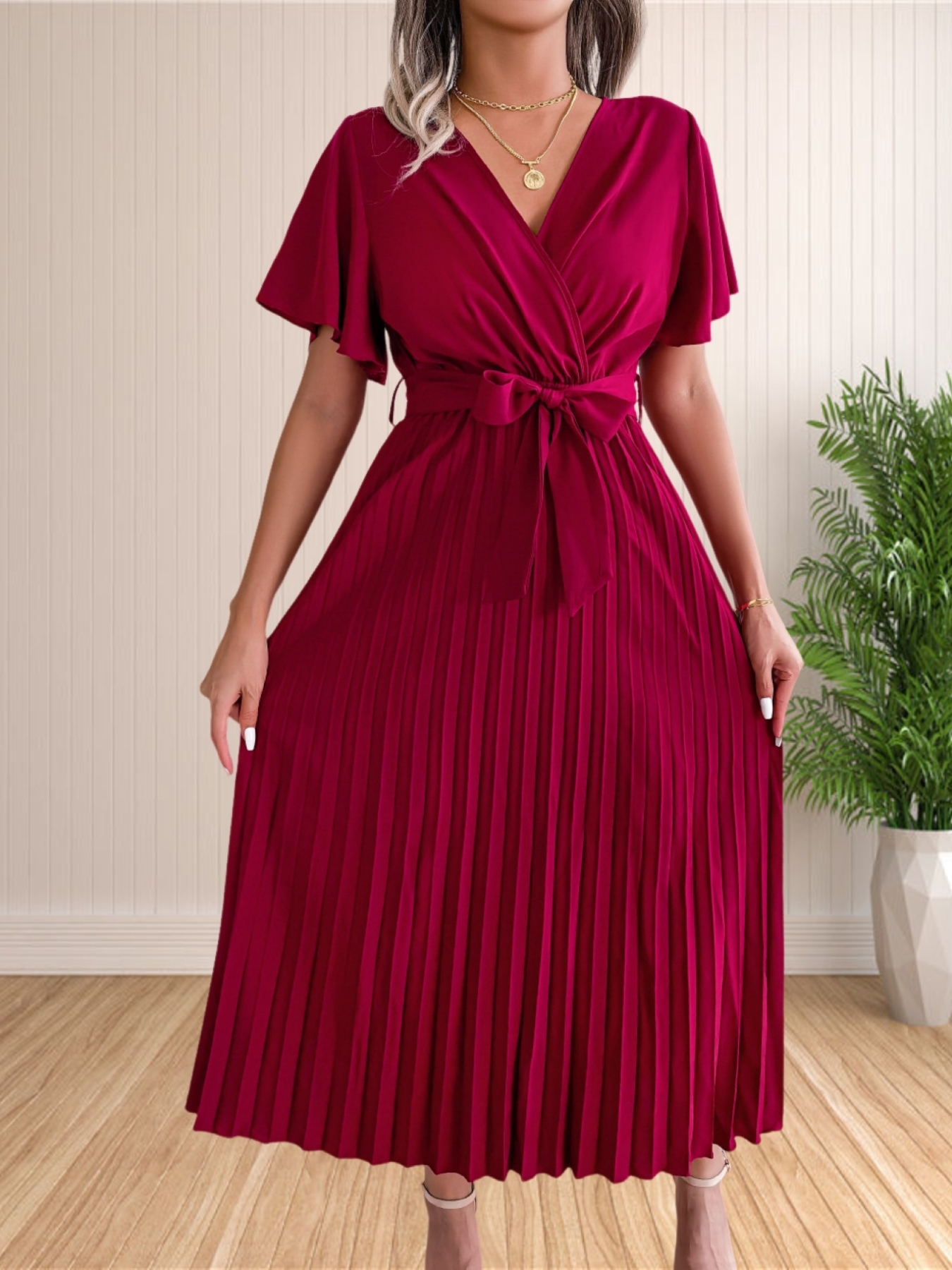 Robe de soirée plissée à manches à volants pour femmes, taille haute, col en V, balançoire, cocktail, longue, maxi, été