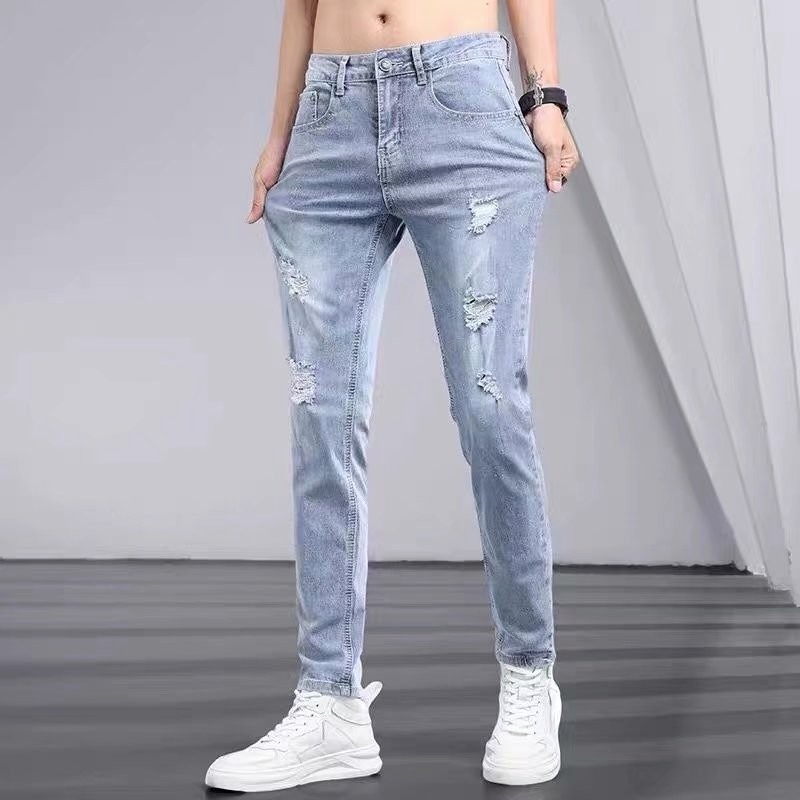 Jeans Homme Printemps-Été Déchirés Extensibles Coupe Slim Droite Affinée Décontractés Effet Vieilli Délavé Bleu Légers Doux Durables