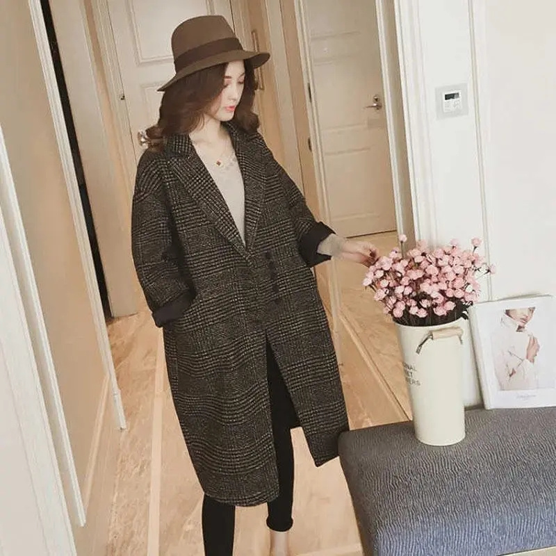 Manteau à grille mille oiseaux pour femmes, veste en Y en laine mélangée, vêtements d'extérieur au-dessus du genou, mode coréenne, automne et hiver