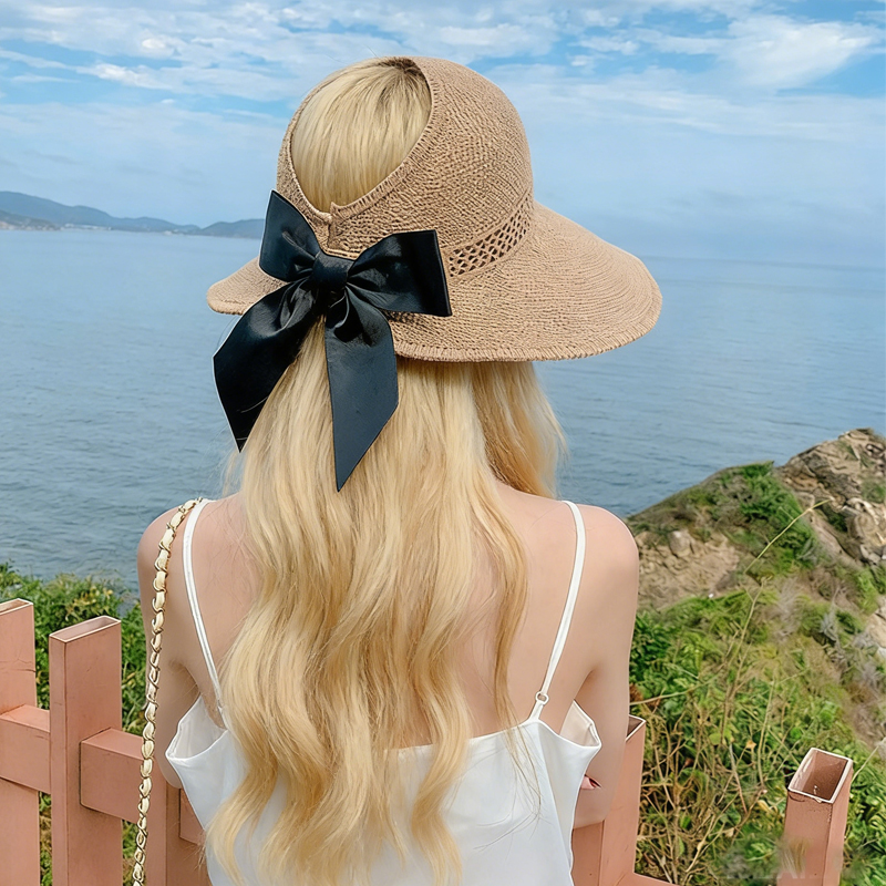 Chapeaux pare-soleil pour femmes à large bord en paille, pliables, avec ouverture pour queue de cheval, protection UV UPF, pour l'été, la plage et le voyage, style bohème avec nœud
