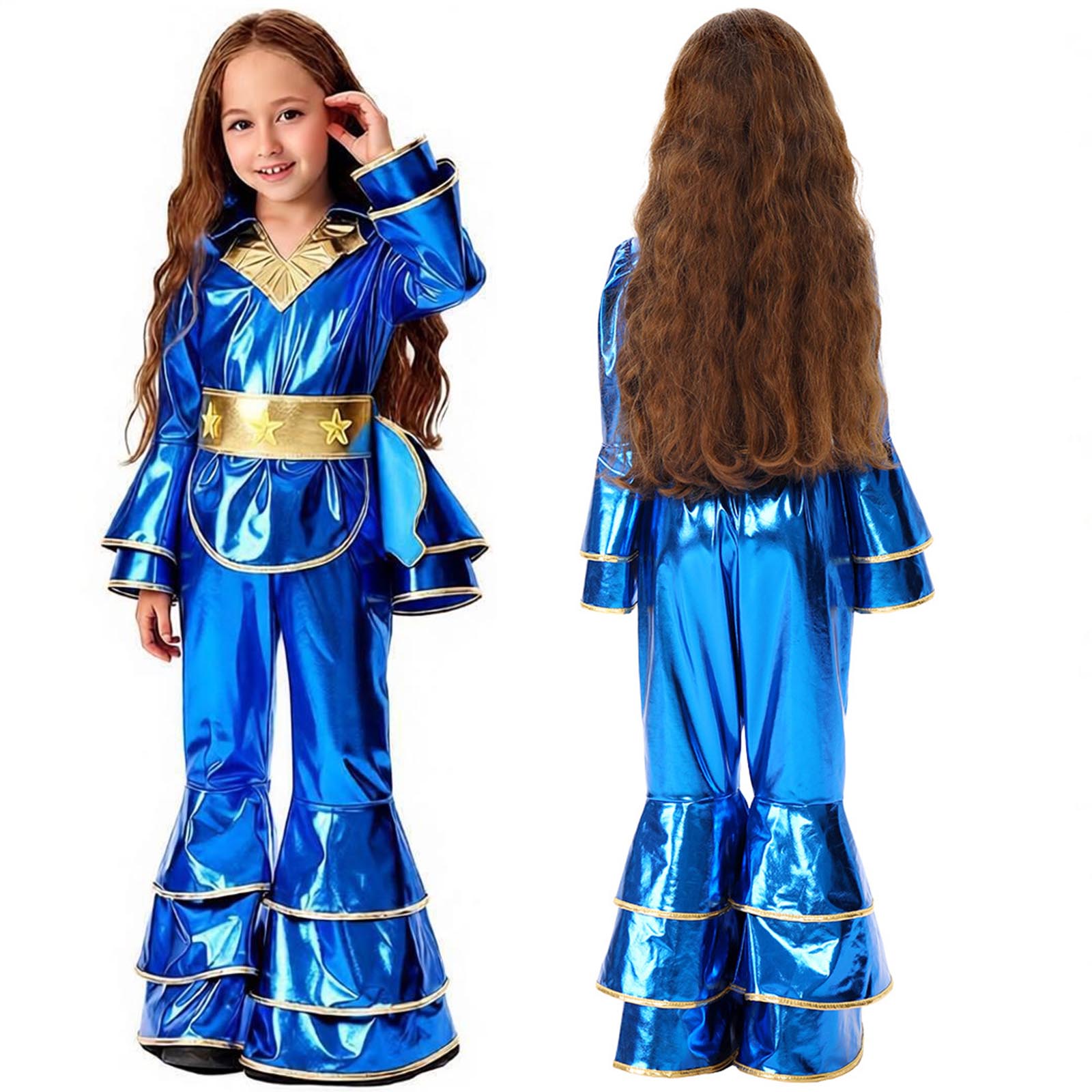 Tenues de danse hip-hop pour filles, costume disco bleu brillant, années 70, années 80, hippie, haut à manches cloche bleu, pantalon évasé, tenue d'Halloween