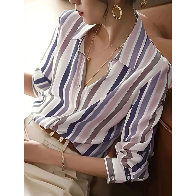 Chemise à col rabattu pour femme, élégante et Chic, tempérament Simple, chemises rayées de couleur contrastée, chemisiers en mousseline de soie à manches longues